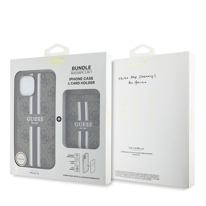 iPhone 15 Kılıf Guess Orijinal Lisanslı M-safe Şarj Özellikli 4G Desenli Çizgili Kartlıklı Kılıf