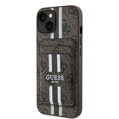 iPhone 15 Kılıf Guess Orijinal Lisanslı M-safe Şarj Özellikli 4G Desenli Çizgili Kartlıklı Kılıf