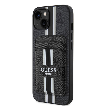 iPhone 15 Kılıf Guess Orijinal Lisanslı M-safe Şarj Özellikli 4G Desenli Çizgili Kartlıklı Kılıf