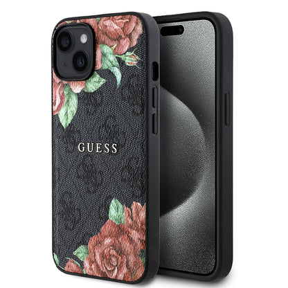 iPhone 15 Kılıf Guess Orijinal Lisanslı M-safe Şarj Özellikli Gül Baskılı 4G Desenli Yazı Logolu Kılıf