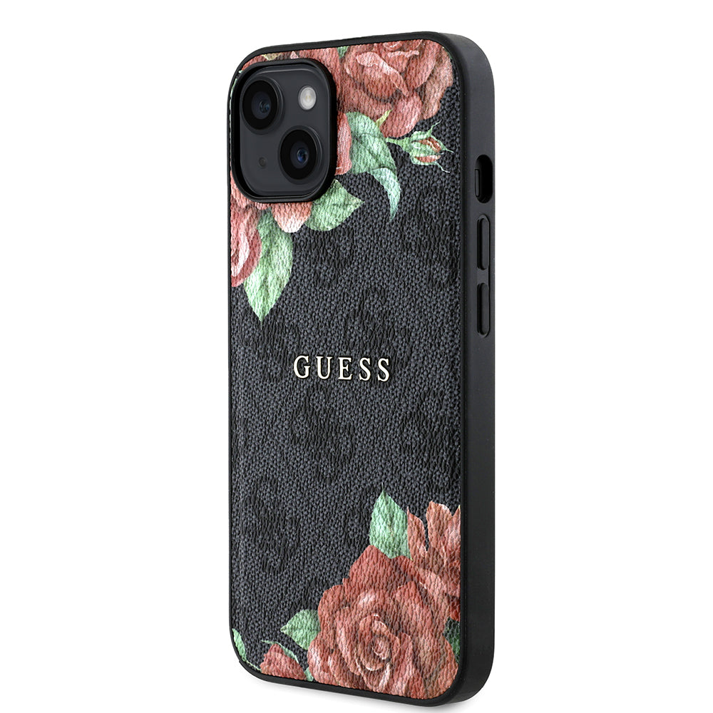 iPhone 15 Kılıf Guess Orijinal Lisanslı M-safe Şarj Özellikli Gül Baskılı 4G Desenli Yazı Logolu Kılıf