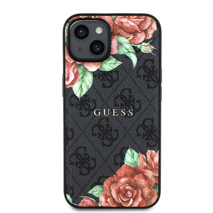 iPhone 15 Kılıf Guess Orijinal Lisanslı M-safe Şarj Özellikli Gül Baskılı 4G Desenli Yazı Logolu Kılıf