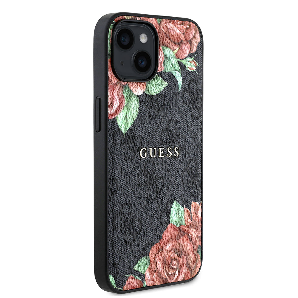 iPhone 15 Kılıf Guess Orijinal Lisanslı M-safe Şarj Özellikli Gül Baskılı 4G Desenli Yazı Logolu Kılıf
