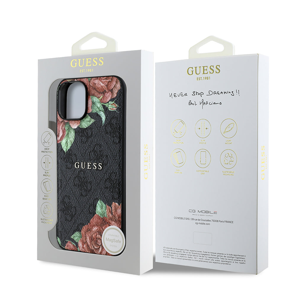 iPhone 15 Kılıf Guess Orijinal Lisanslı M-safe Şarj Özellikli Gül Baskılı 4G Desenli Yazı Logolu Kılıf