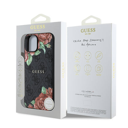 iPhone 15 Kılıf Guess Orijinal Lisanslı M-safe Şarj Özellikli Gül Baskılı 4G Desenli Yazı Logolu Kılıf