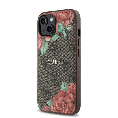 iPhone 15 Kılıf Guess Orijinal Lisanslı M-safe Şarj Özellikli Gül Baskılı 4G Desenli Yazı Logolu Kılıf