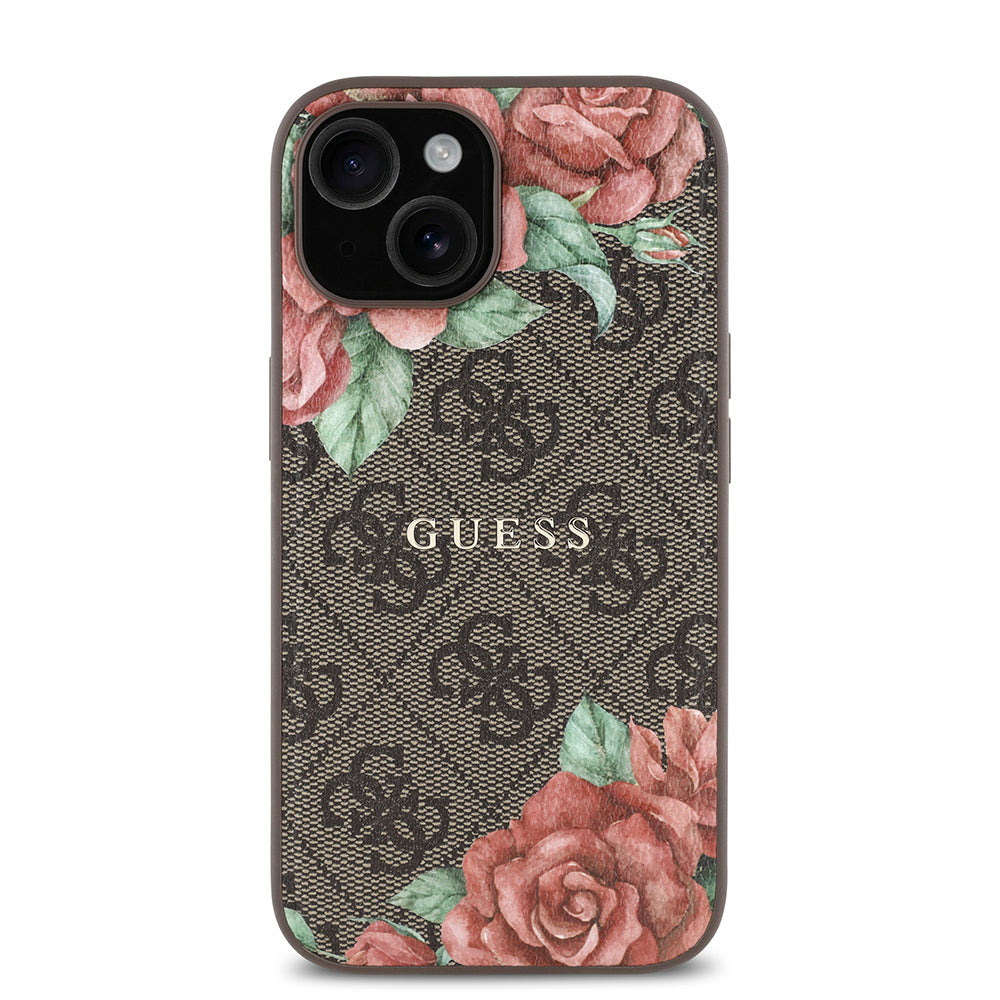 iPhone 15 Kılıf Guess Orijinal Lisanslı M-safe Şarj Özellikli Gül Baskılı 4G Desenli Yazı Logolu Kılıf
