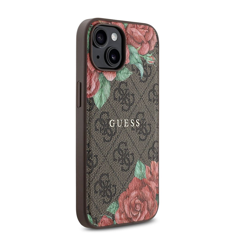 iPhone 15 Kılıf Guess Orijinal Lisanslı M-safe Şarj Özellikli Gül Baskılı 4G Desenli Yazı Logolu Kılıf