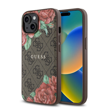 iPhone 15 Kılıf Guess Orijinal Lisanslı M-safe Şarj Özellikli Gül Baskılı 4G Desenli Yazı Logolu Kılıf
