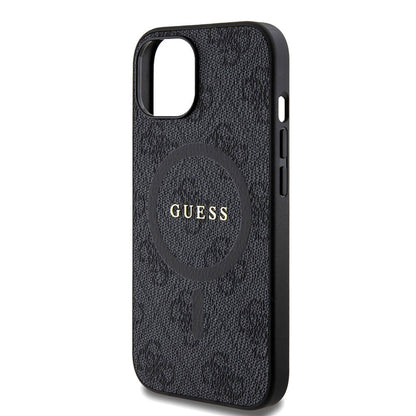 iPhone 15 Kılıf Guess Orijinal Lisanslı M-safe Şarj Özellikli PU Halkalı 4G Desenli Yazı Logolu Kılıf