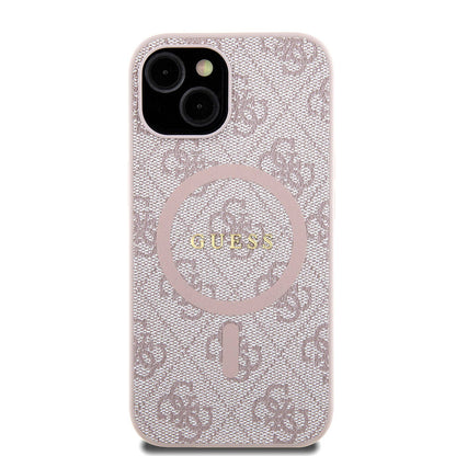 iPhone 15 Kılıf Guess Orijinal Lisanslı M-safe Şarj Özellikli PU Halkalı 4G Desenli Yazı Logolu Kılıf