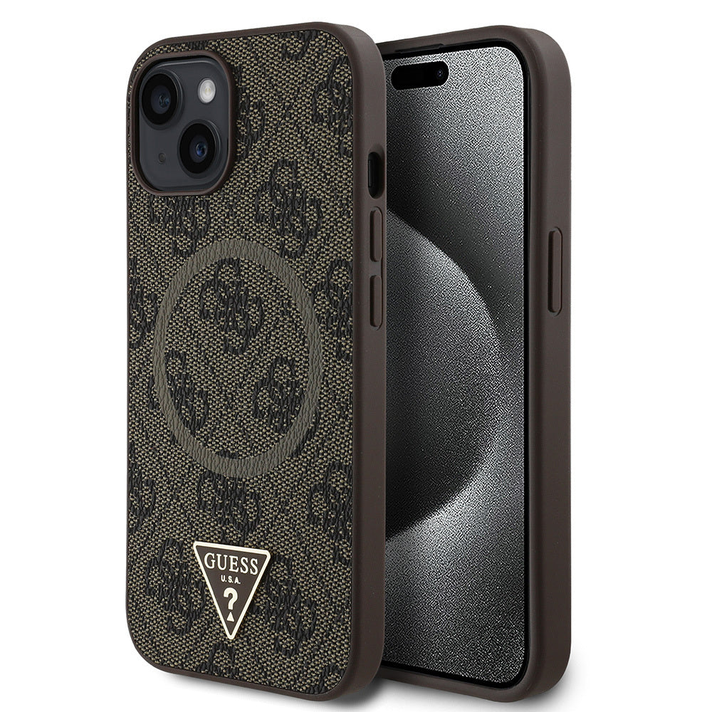 iPhone 15 Kılıf Guess Orijinal Lisanslı M-safe Şarj Özellikli PU Üçgen Logo 4G Desenli Kılıf
