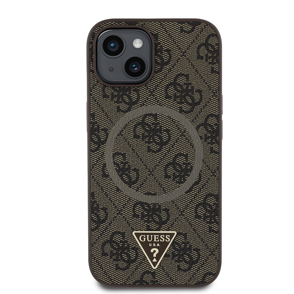 iPhone 15 Kılıf Guess Orijinal Lisanslı M-safe Şarj Özellikli PU Üçgen Logo 4G Desenli Kılıf