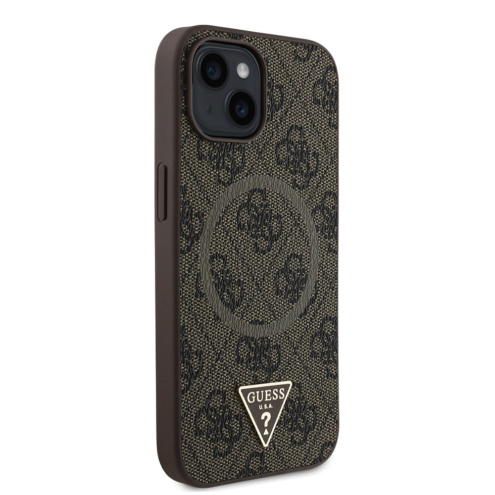 iPhone 15 Kılıf Guess Orijinal Lisanslı M-safe Şarj Özellikli PU Üçgen Logo 4G Desenli Kılıf