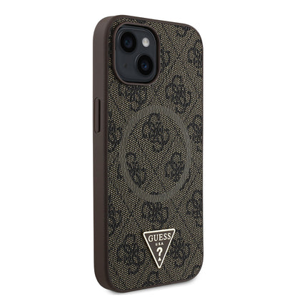 iPhone 15 Kılıf Guess Orijinal Lisanslı M-safe Şarj Özellikli PU Üçgen Logo 4G Desenli Kılıf