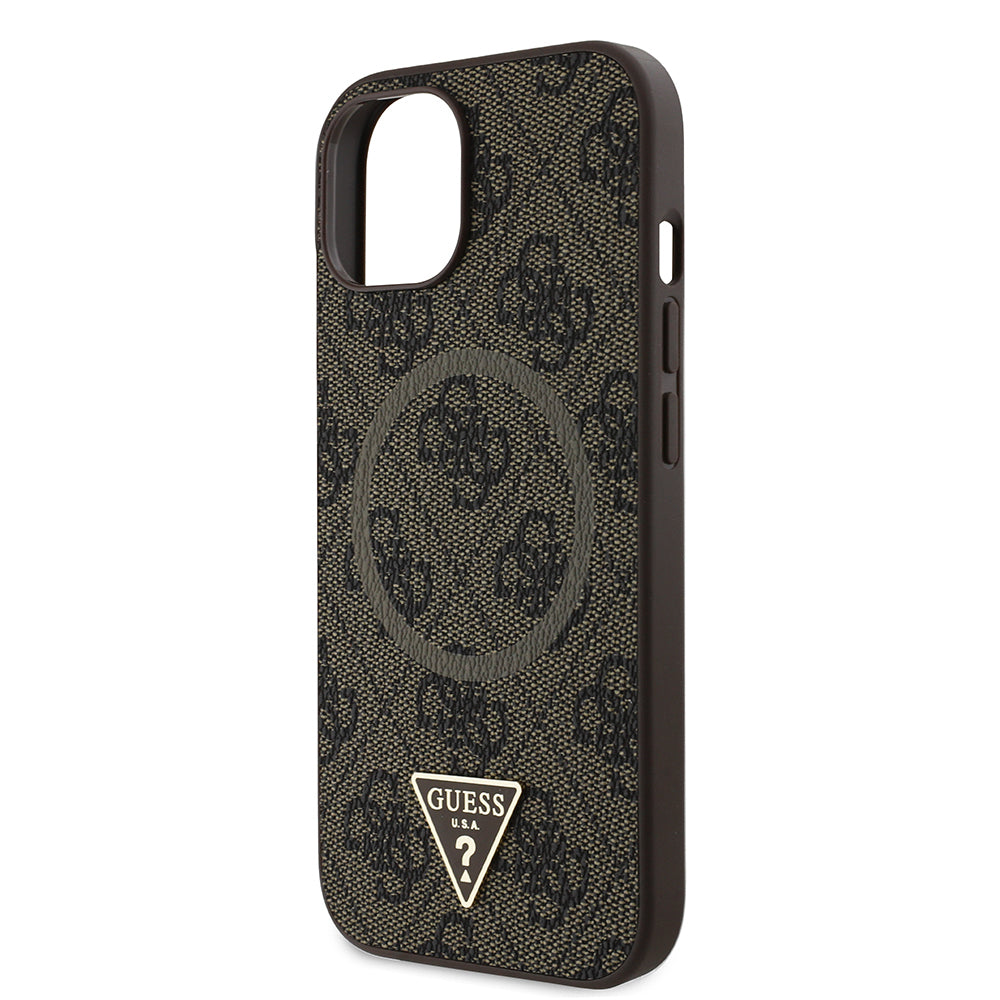 iPhone 15 Kılıf Guess Orijinal Lisanslı M-safe Şarj Özellikli PU Üçgen Logo 4G Desenli Kılıf