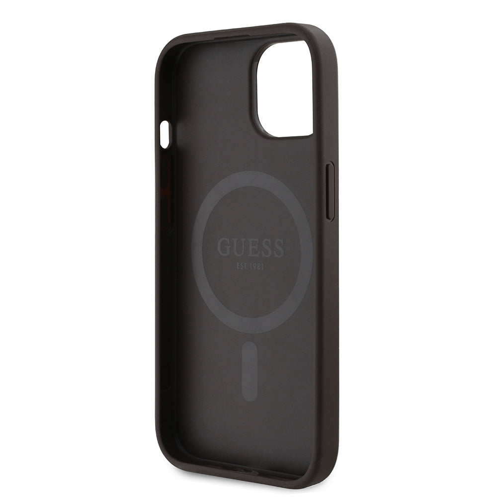 iPhone 15 Kılıf Guess Orijinal Lisanslı M-safe Şarj Özellikli PU Üçgen Logo 4G Desenli Kılıf