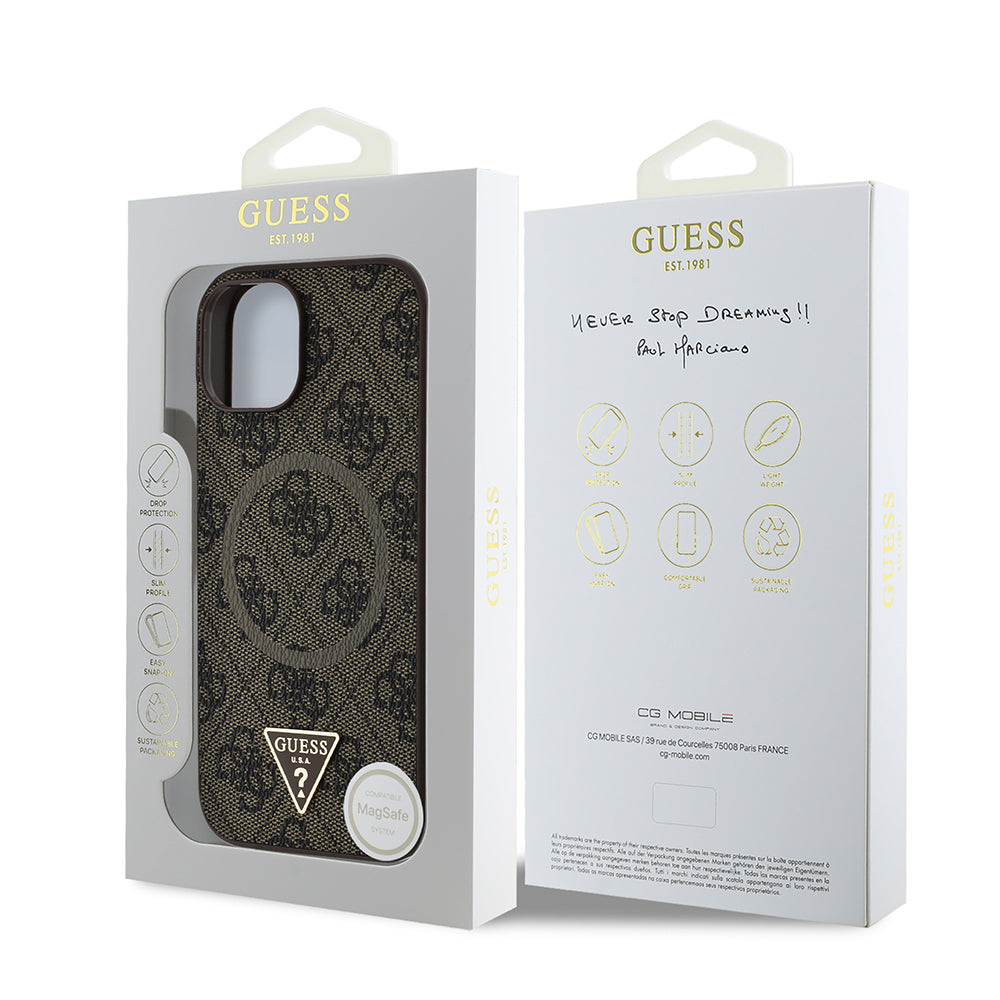 iPhone 15 Kılıf Guess Orijinal Lisanslı M-safe Şarj Özellikli PU Üçgen Logo 4G Desenli Kılıf