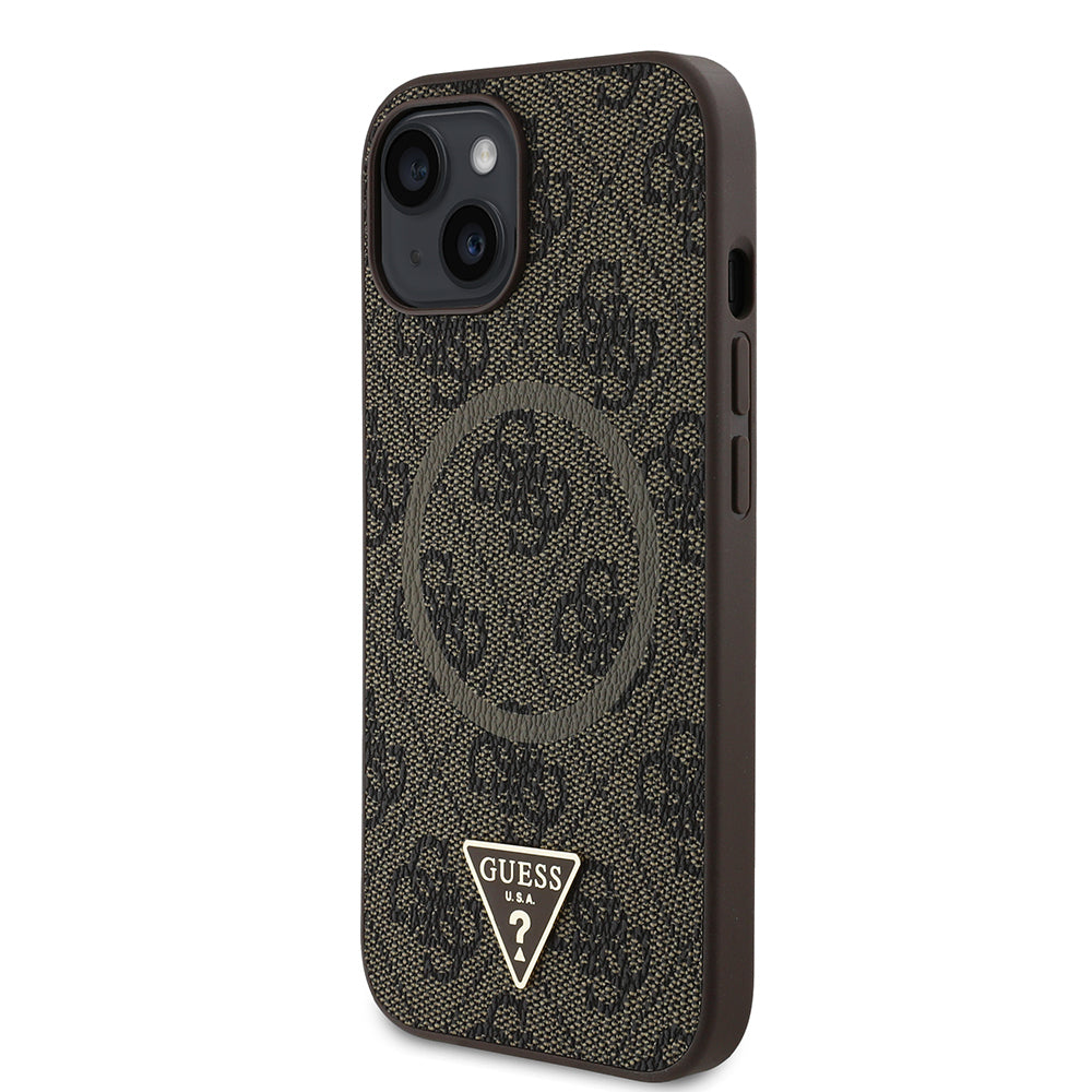 iPhone 15 Kılıf Guess Orijinal Lisanslı M-safe Şarj Özellikli PU Üçgen Logo 4G Desenli Kılıf