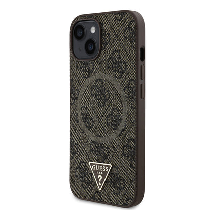 iPhone 15 Kılıf Guess Orijinal Lisanslı M-safe Şarj Özellikli PU Üçgen Logo 4G Desenli Kılıf