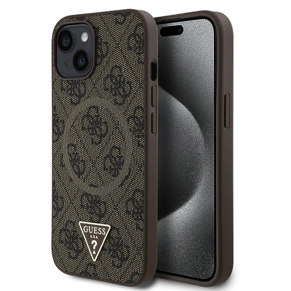 iPhone 15 Kılıf Guess Orijinal Lisanslı M-safe Şarj Özellikli PU Üçgen Logo 4G Desenli Kılıf