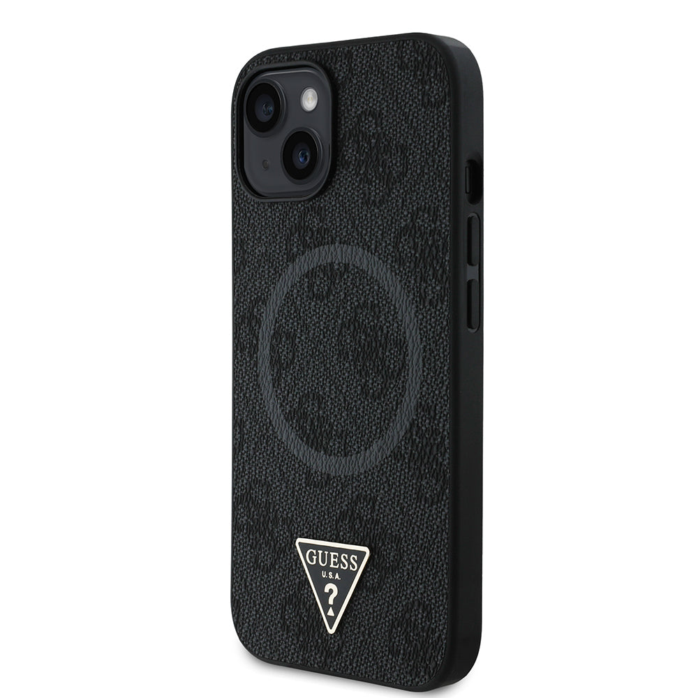 iPhone 15 Kılıf Guess Orijinal Lisanslı M-safe Şarj Özellikli PU Üçgen Logo 4G Desenli Kılıf
