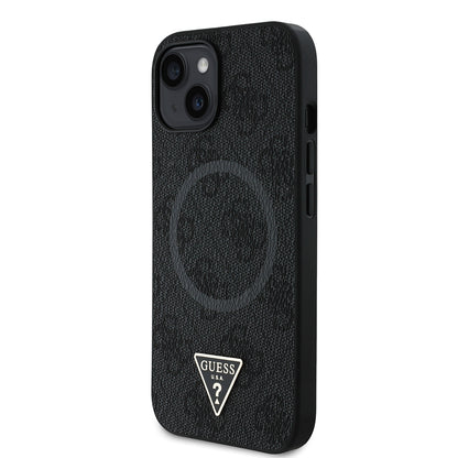 iPhone 15 Kılıf Guess Orijinal Lisanslı M-safe Şarj Özellikli PU Üçgen Logo 4G Desenli Kılıf