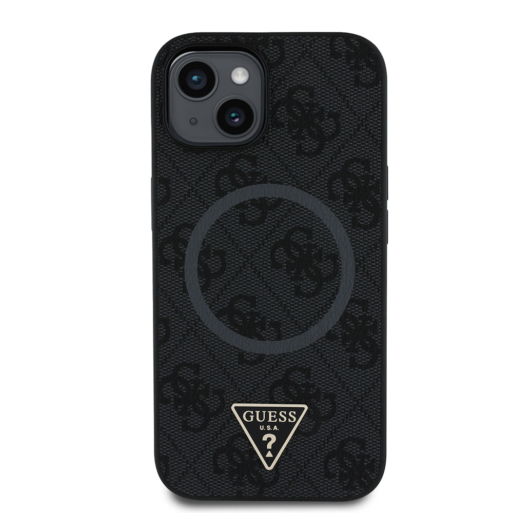 iPhone 15 Kılıf Guess Orijinal Lisanslı M-safe Şarj Özellikli PU Üçgen Logo 4G Desenli Kılıf