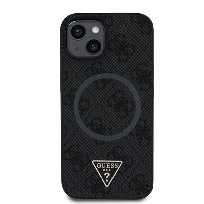 iPhone 15 Kılıf Guess Orijinal Lisanslı M-safe Şarj Özellikli PU Üçgen Logo 4G Desenli Kılıf