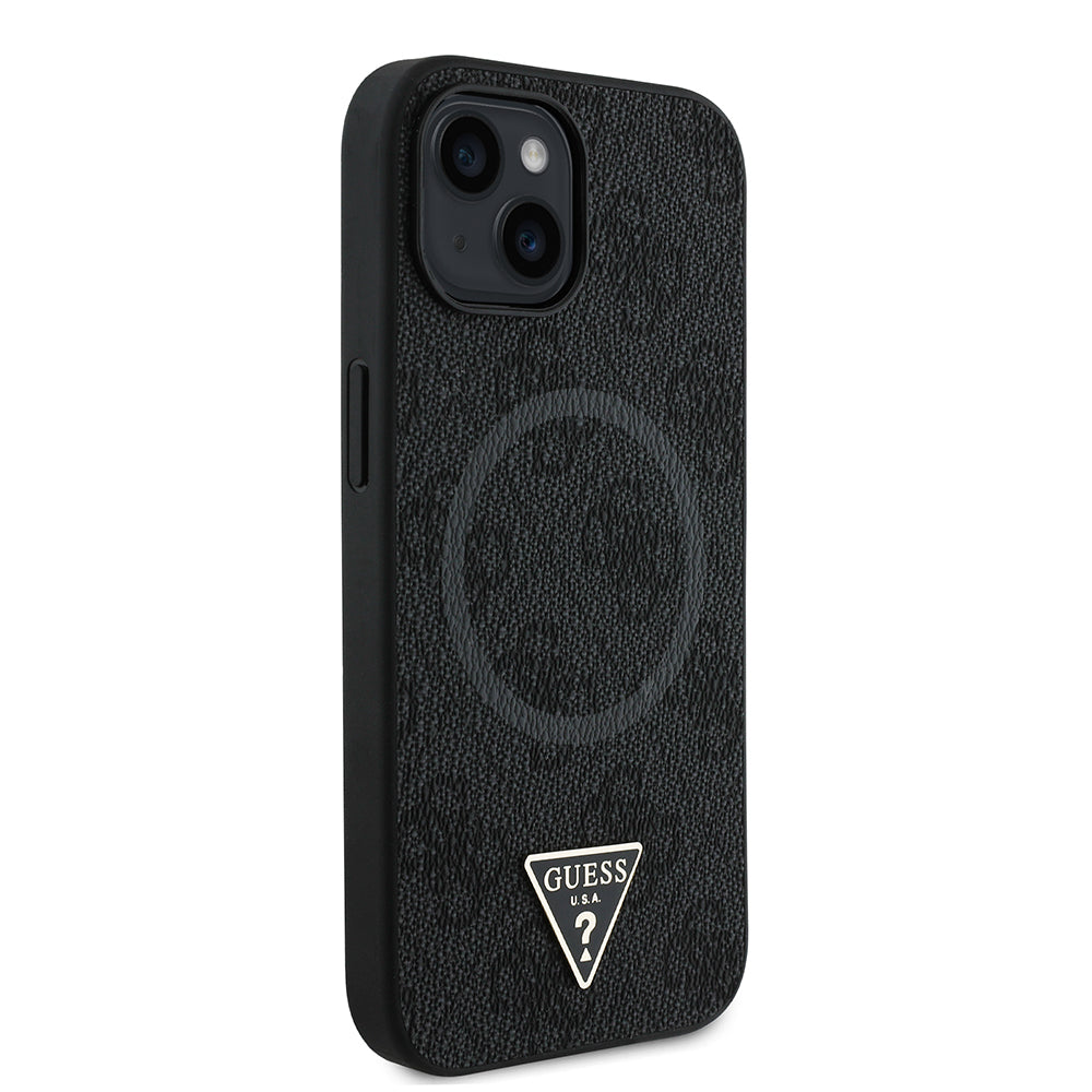 iPhone 15 Kılıf Guess Orijinal Lisanslı M-safe Şarj Özellikli PU Üçgen Logo 4G Desenli Kılıf