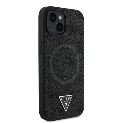 iPhone 15 Kılıf Guess Orijinal Lisanslı M-safe Şarj Özellikli PU Üçgen Logo 4G Desenli Kılıf