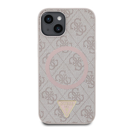 iPhone 15 Kılıf Guess Orijinal Lisanslı M-safe Şarj Özellikli PU Üçgen Logo 4G Desenli Kılıf