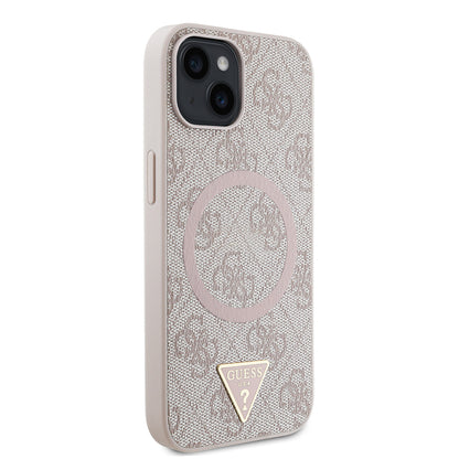 iPhone 15 Kılıf Guess Orijinal Lisanslı M-safe Şarj Özellikli PU Üçgen Logo 4G Desenli Kılıf