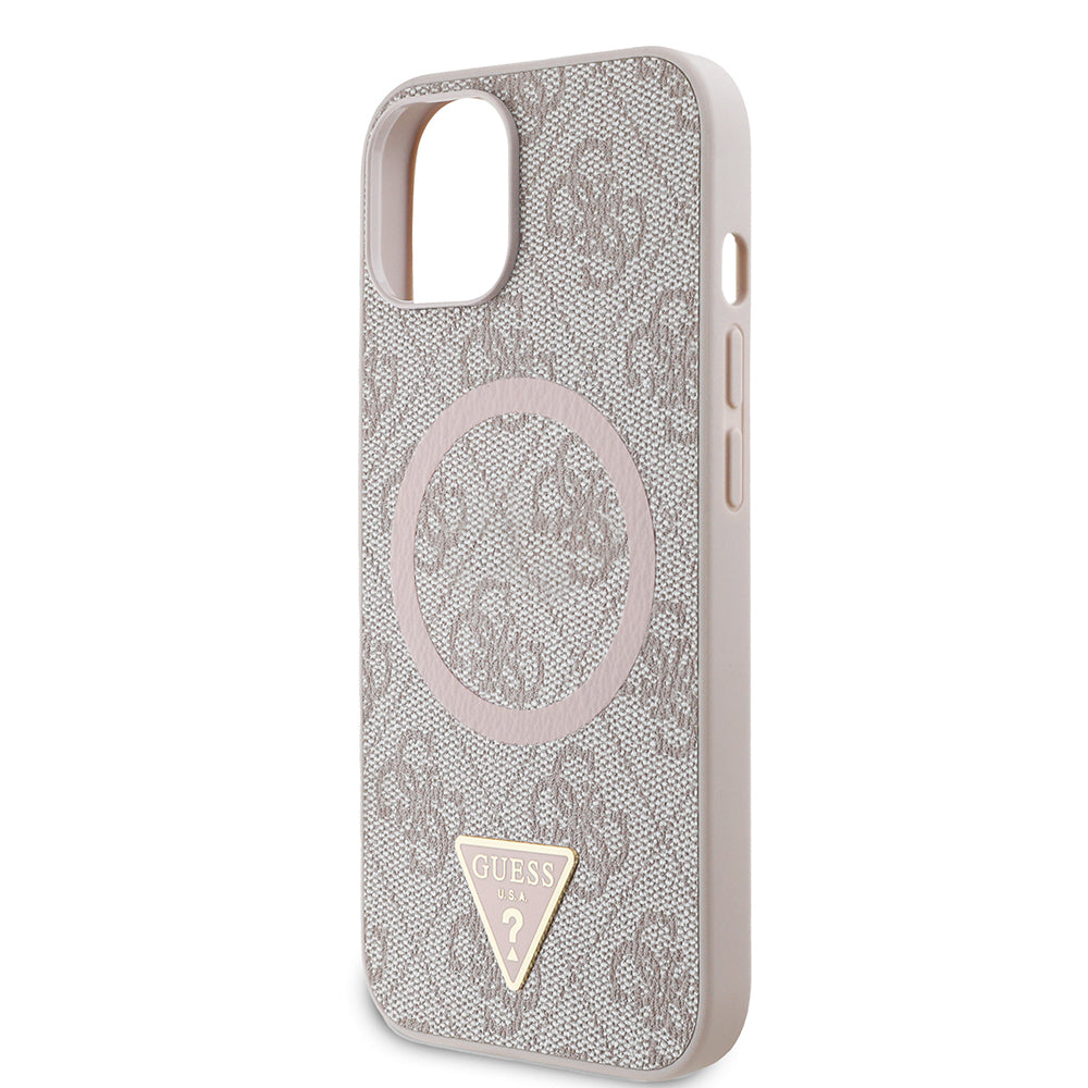 iPhone 15 Kılıf Guess Orijinal Lisanslı M-safe Şarj Özellikli PU Üçgen Logo 4G Desenli Kılıf