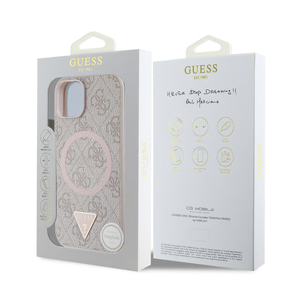iPhone 15 Kılıf Guess Orijinal Lisanslı M-safe Şarj Özellikli PU Üçgen Logo 4G Desenli Kılıf