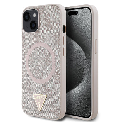 iPhone 15 Kılıf Guess Orijinal Lisanslı M-safe Şarj Özellikli PU Üçgen Logo 4G Desenli Kılıf