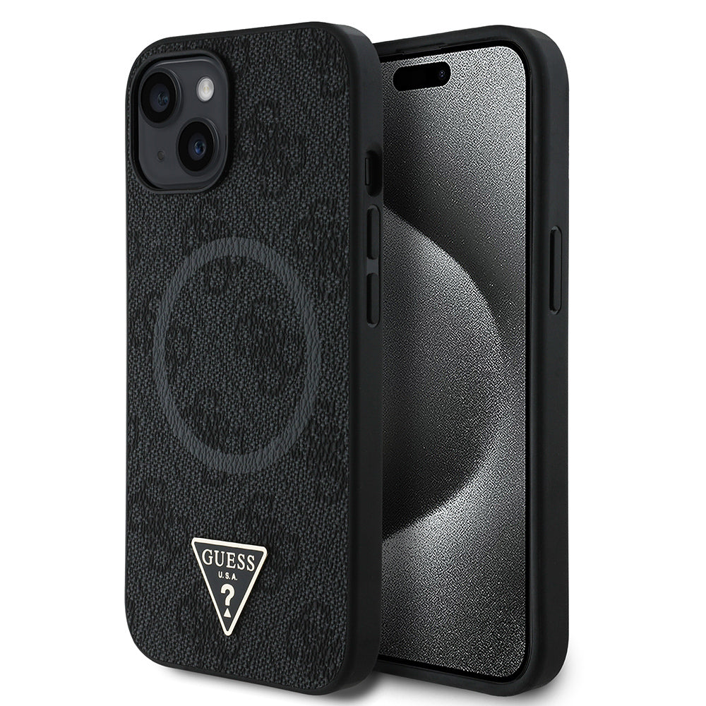 iPhone 15 Kılıf Guess Orijinal Lisanslı M-safe Şarj Özellikli PU Üçgen Logo 4G Desenli Kılıf