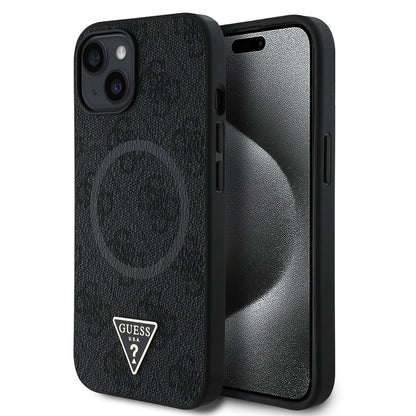 iPhone 15 Kılıf Guess Orijinal Lisanslı M-safe Şarj Özellikli PU Üçgen Logo 4G Desenli Kılıf