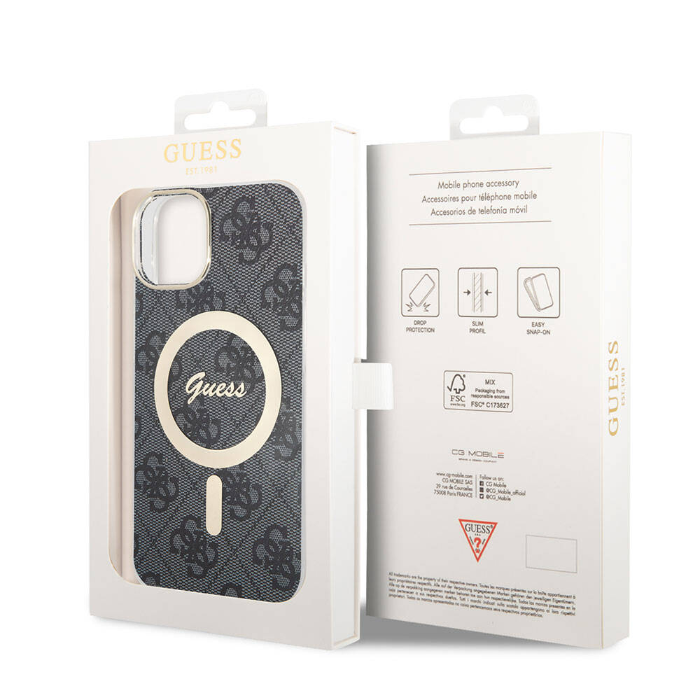 iPhone 15 Kılıf Guess Orijinal Lisanslı M-safe Şarj Özellikli Yazı Logolu 4G Desenli Kılıf