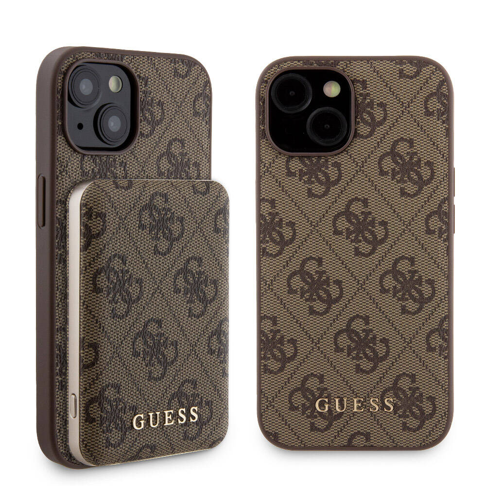 iPhone 15 Kılıf Guess Orijinal Lisanslı M-safe Şarj Özellikli Yazı Logolu 4G Desenli Kılıf + Powerbank 5000mAh 2in1 Set