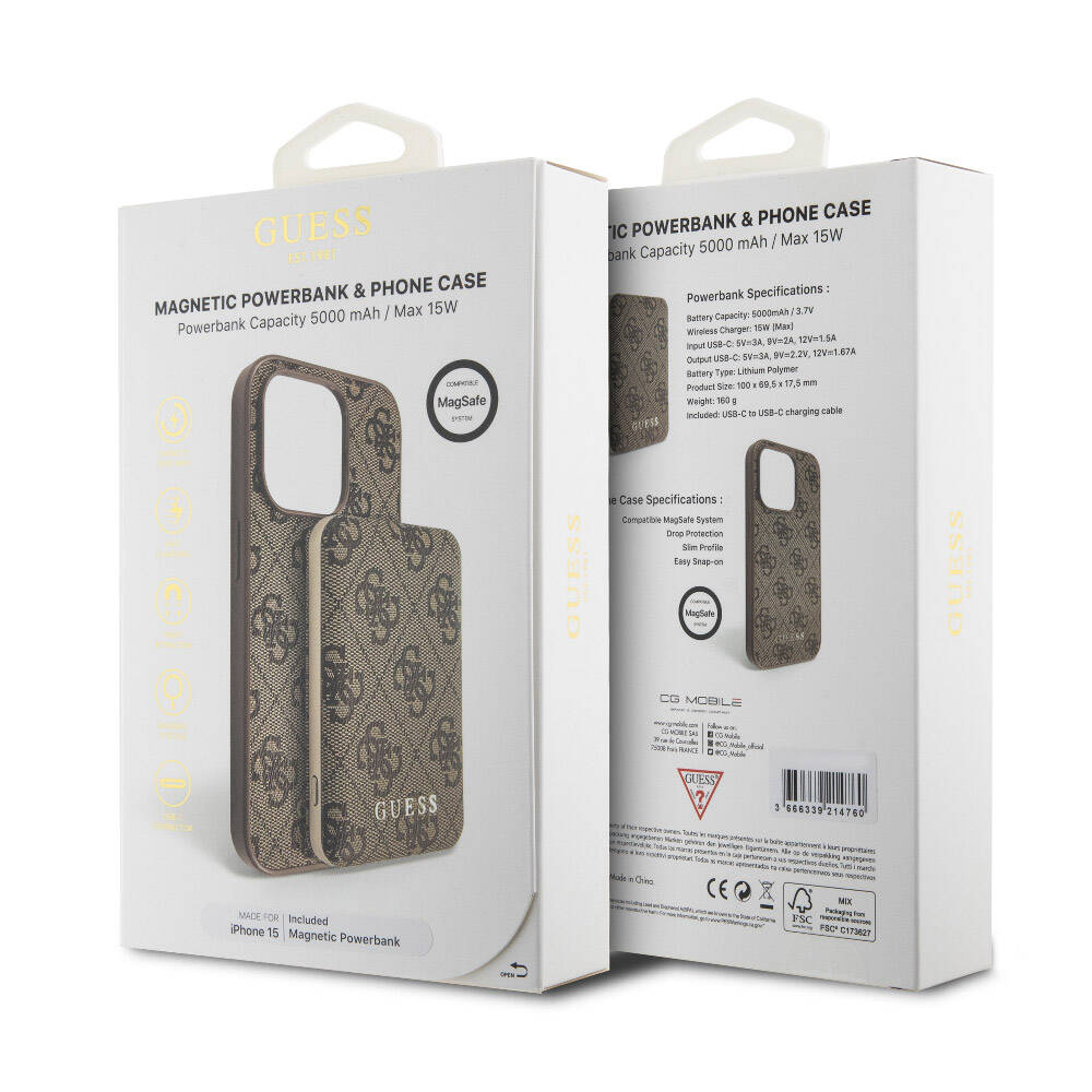 iPhone 15 Kılıf Guess Orijinal Lisanslı M-safe Şarj Özellikli Yazı Logolu 4G Desenli Kılıf + Powerbank 5000mAh 2in1 Set