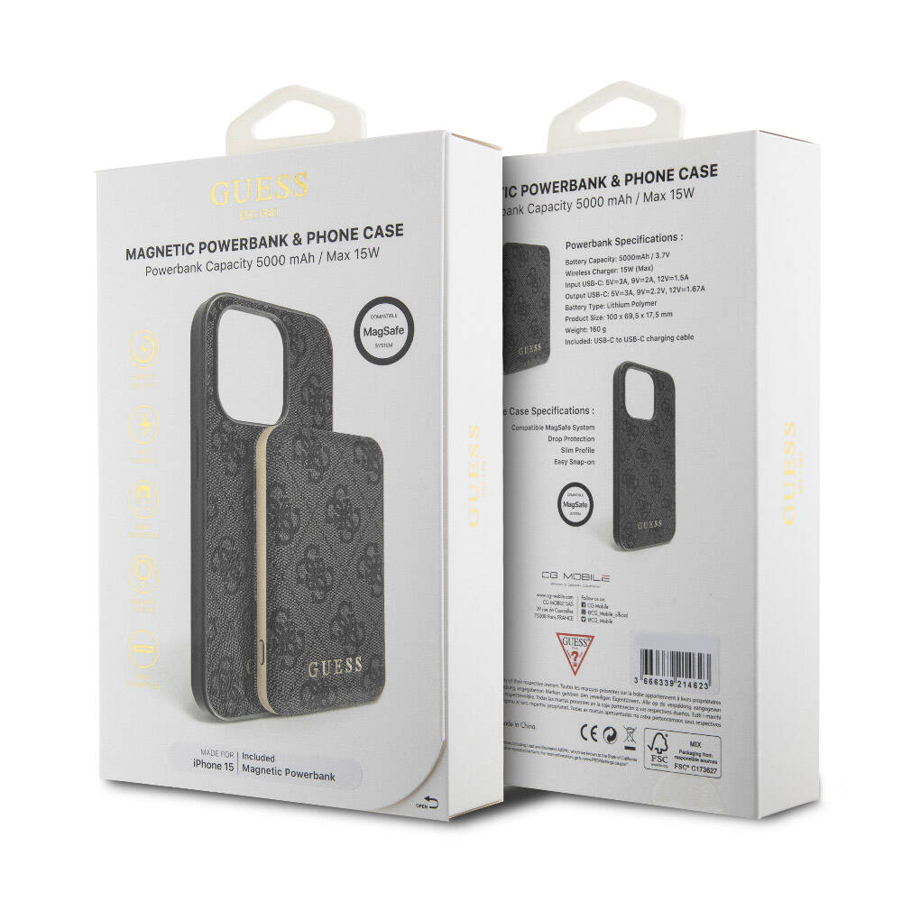 iPhone 15 Kılıf Guess Orijinal Lisanslı M-safe Şarj Özellikli Yazı Logolu 4G Desenli Kılıf + Powerbank 5000mAh 2in1 Set