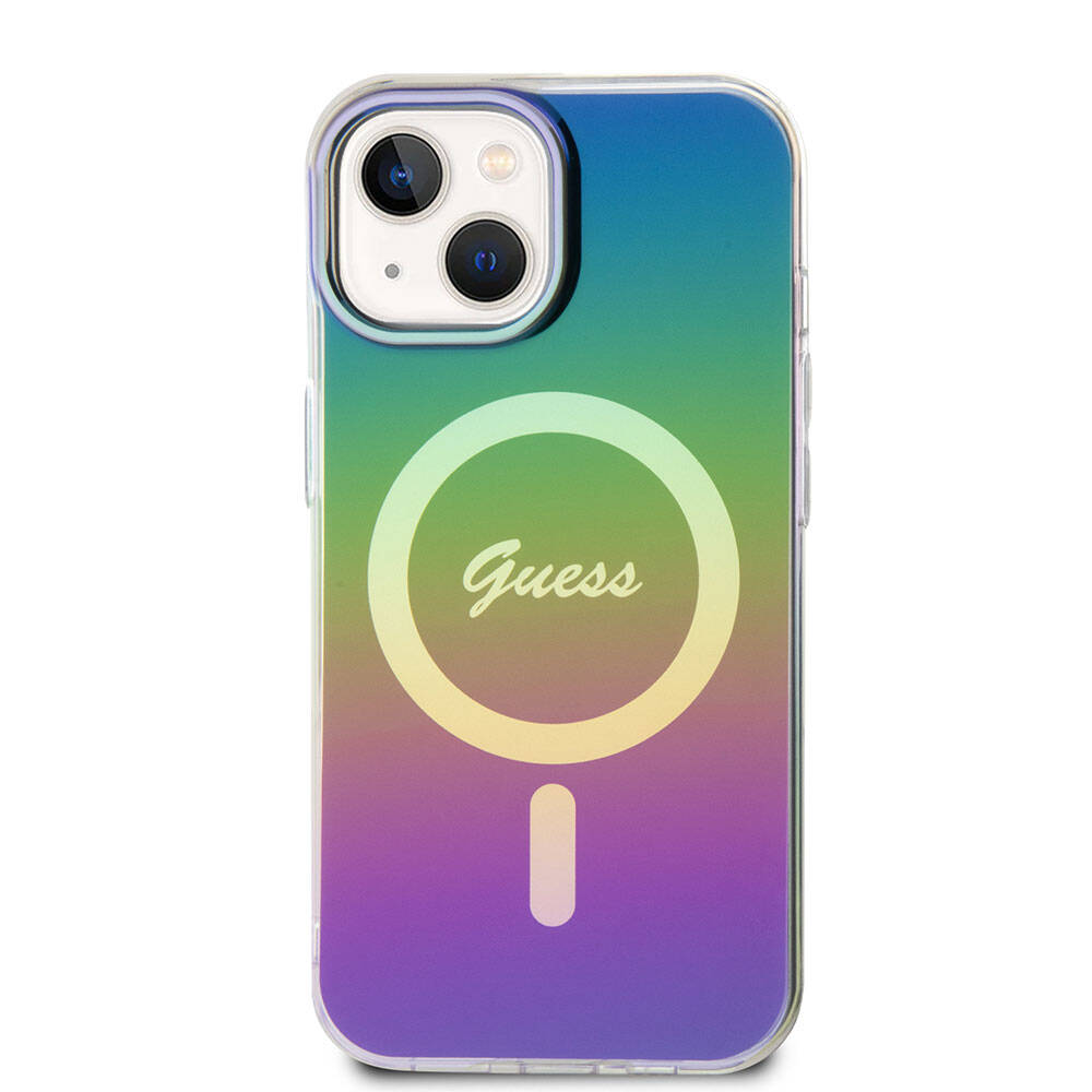 iPhone 15 Kılıf Guess Orijinal Lisanslı M-safe Şarj Özellikli Yazı Logolu Iridescent Kılıf