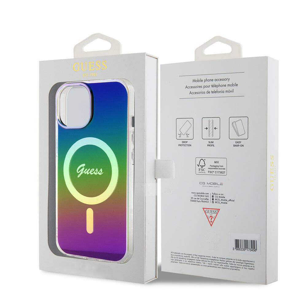 iPhone 15 Kılıf Guess Orijinal Lisanslı M-safe Şarj Özellikli Yazı Logolu Iridescent Kılıf