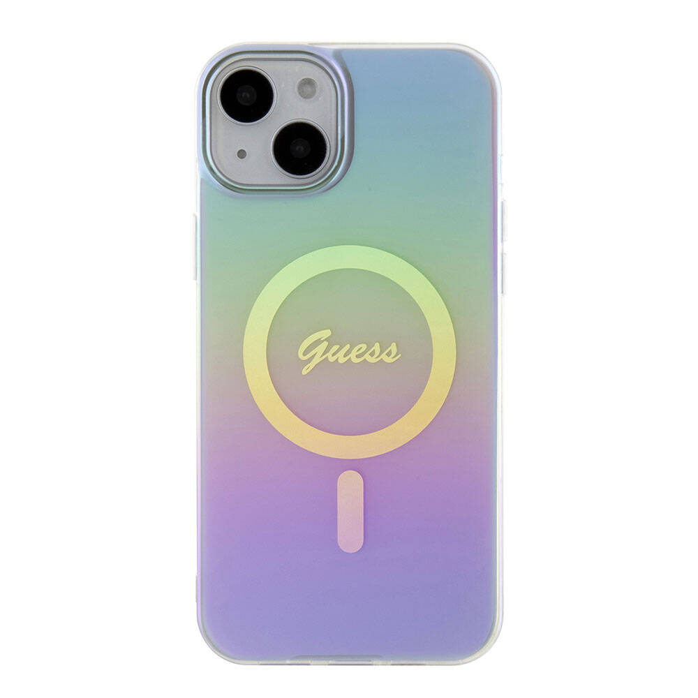 iPhone 15 Kılıf Guess Orijinal Lisanslı M-safe Şarj Özellikli Yazı Logolu Iridescent Kılıf
