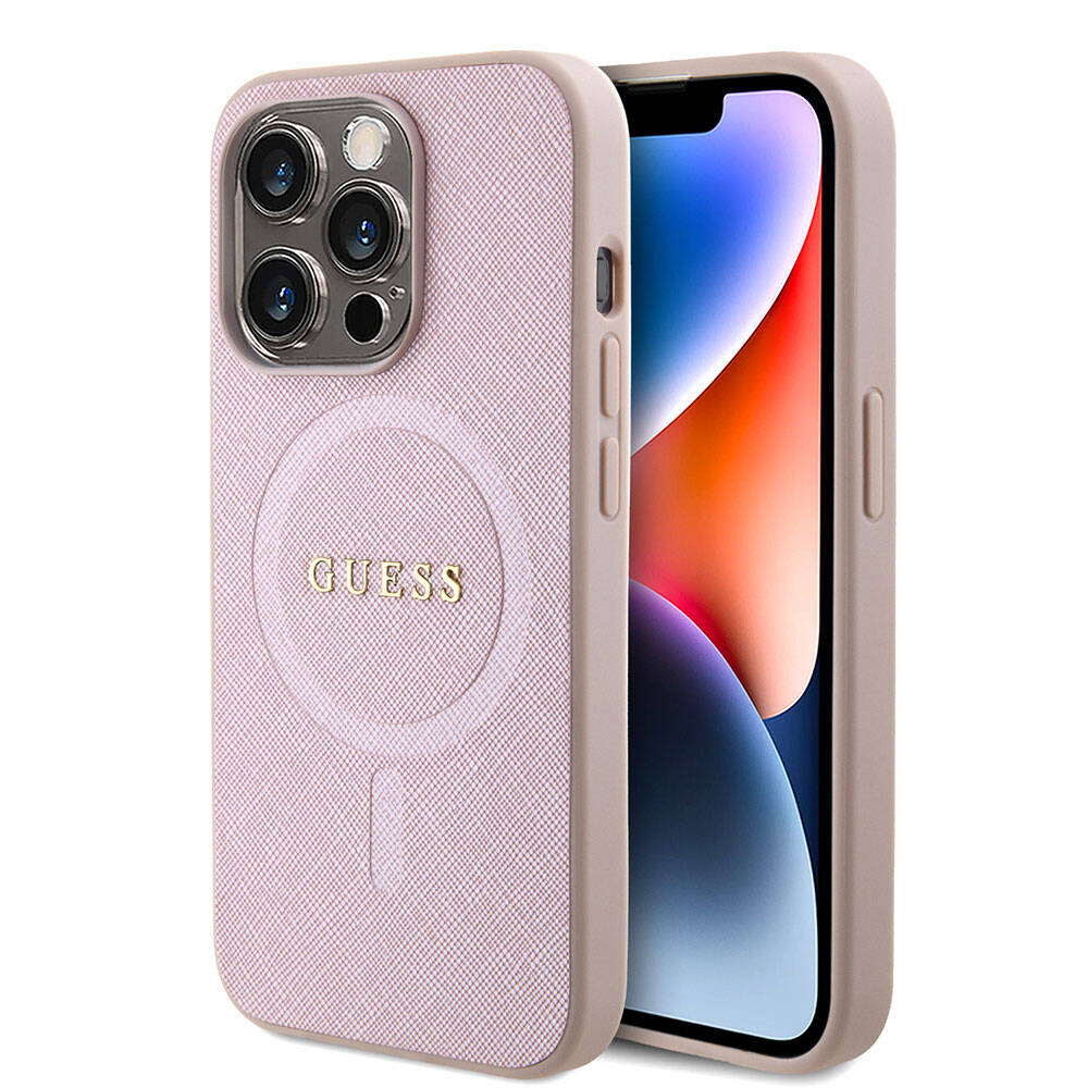 iPhone 15 Kılıf Guess Orijinal Lisanslı M-safe Şarj Özellikli Yazı Logolu Saffiano Kılıf