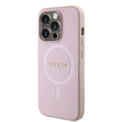 iPhone 15 Kılıf Guess Orijinal Lisanslı M-safe Şarj Özellikli Yazı Logolu Saffiano Kılıf