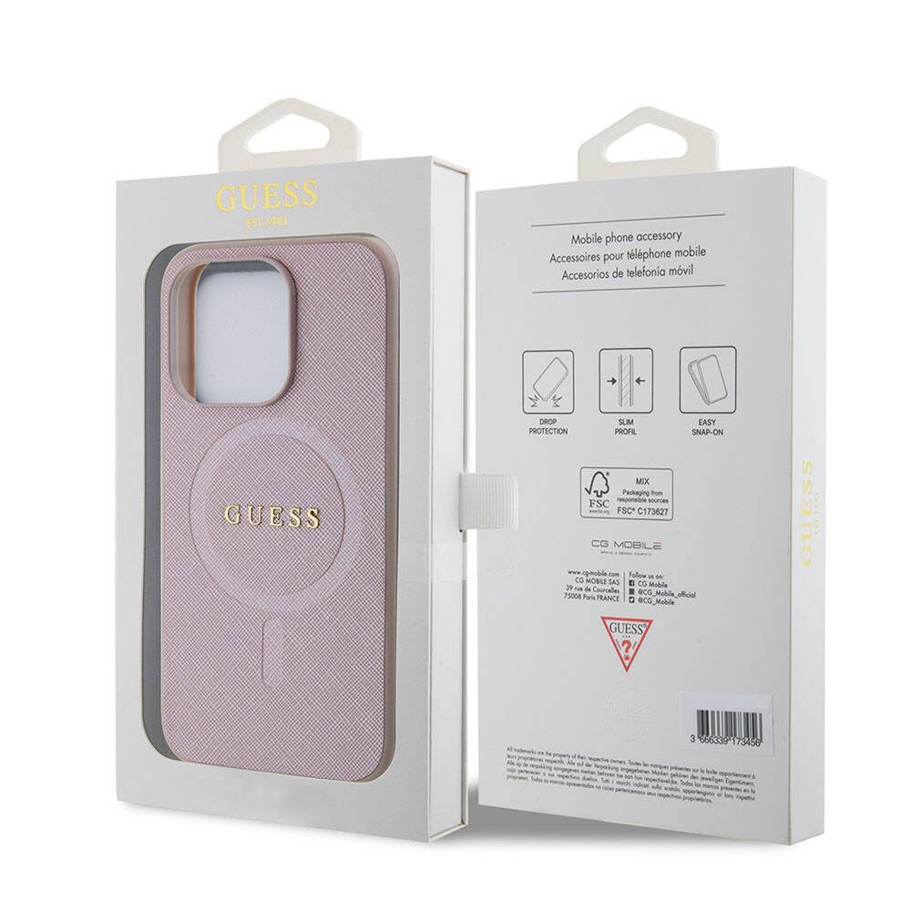 iPhone 15 Kılıf Guess Orijinal Lisanslı M-safe Şarj Özellikli Yazı Logolu Saffiano Kılıf