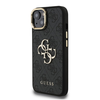 iPhone 15 Kılıf Guess Orijinal Lisanslı PU Deri 4G Desenli Metal Büyük 4G ve Yazı Logolu Kamera Standlı Kılıf