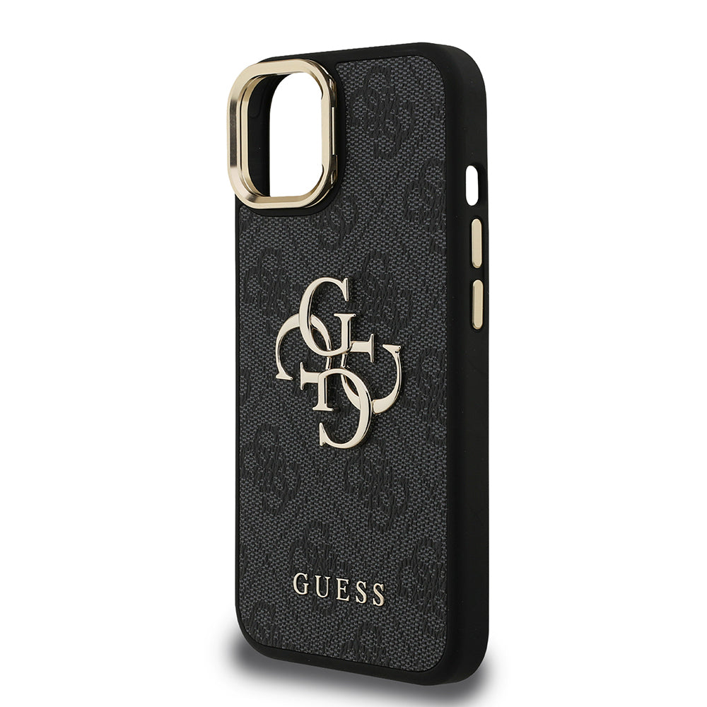 iPhone 15 Kılıf Guess Orijinal Lisanslı PU Deri 4G Desenli Metal Büyük 4G ve Yazı Logolu Kamera Standlı Kılıf